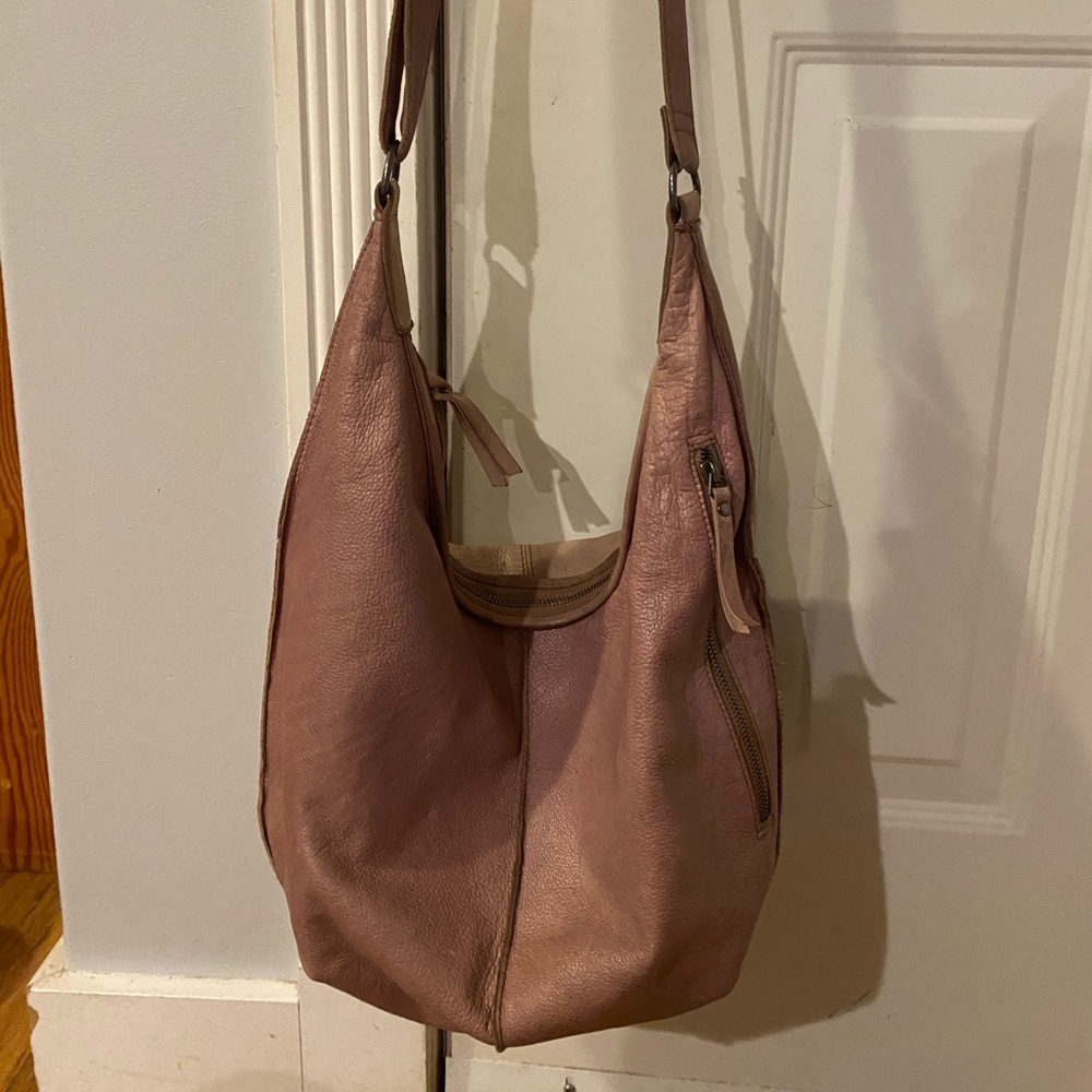 Latico leather slouchy boho shoulder bag. Brownish pink leather